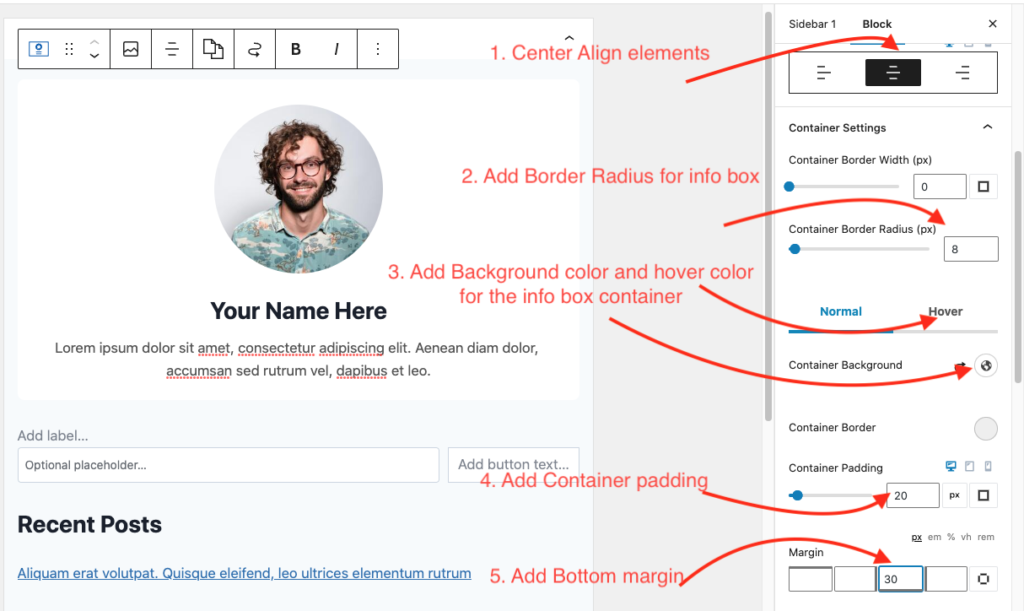 container info box settings